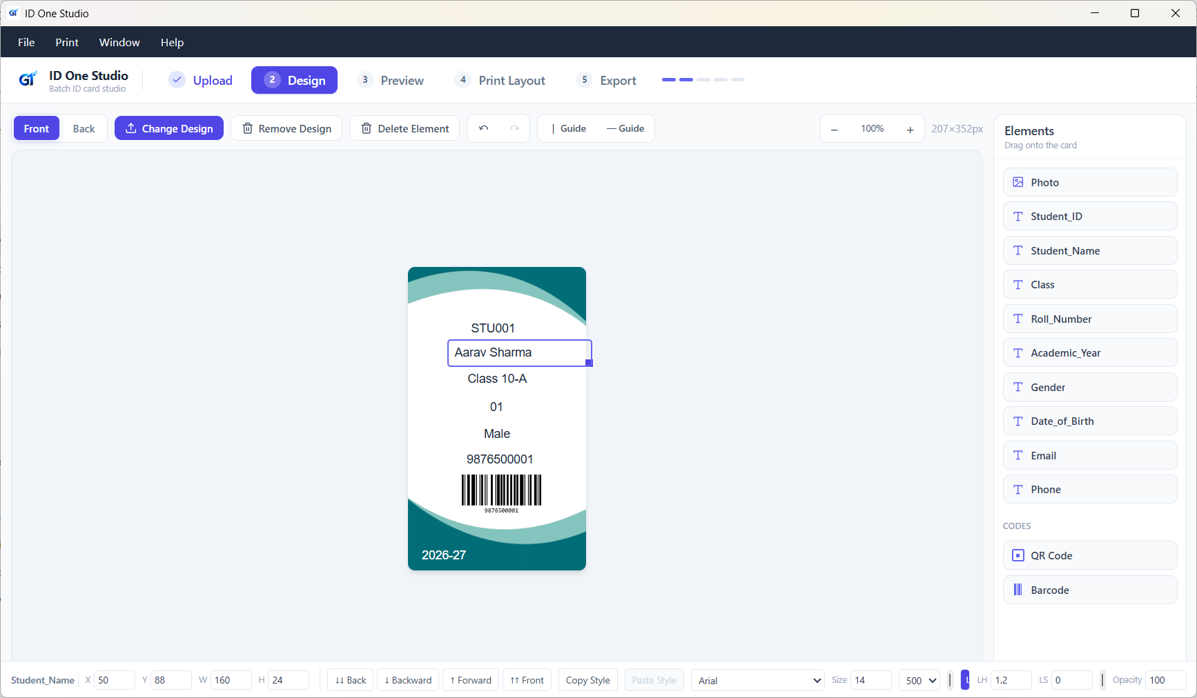 Drag and drop ID card designer with a live card preview and field list