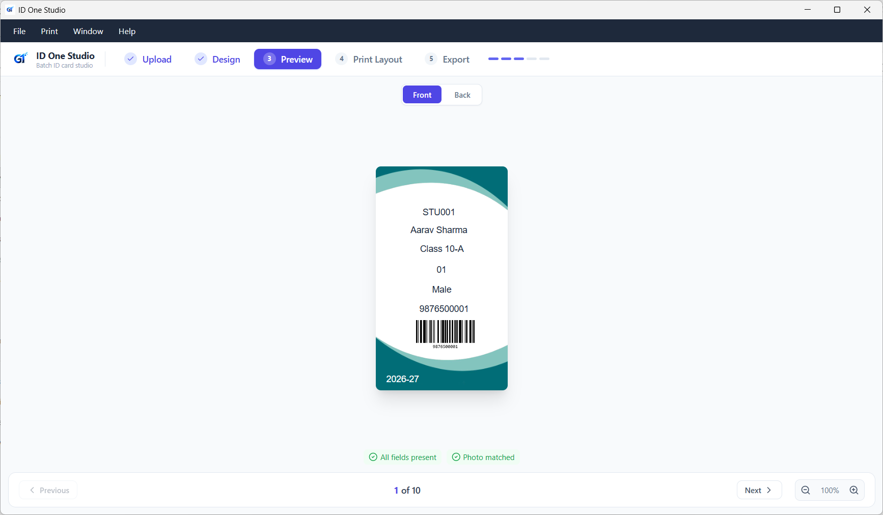 Card preview screen confirming all fields are present and the photo matched
