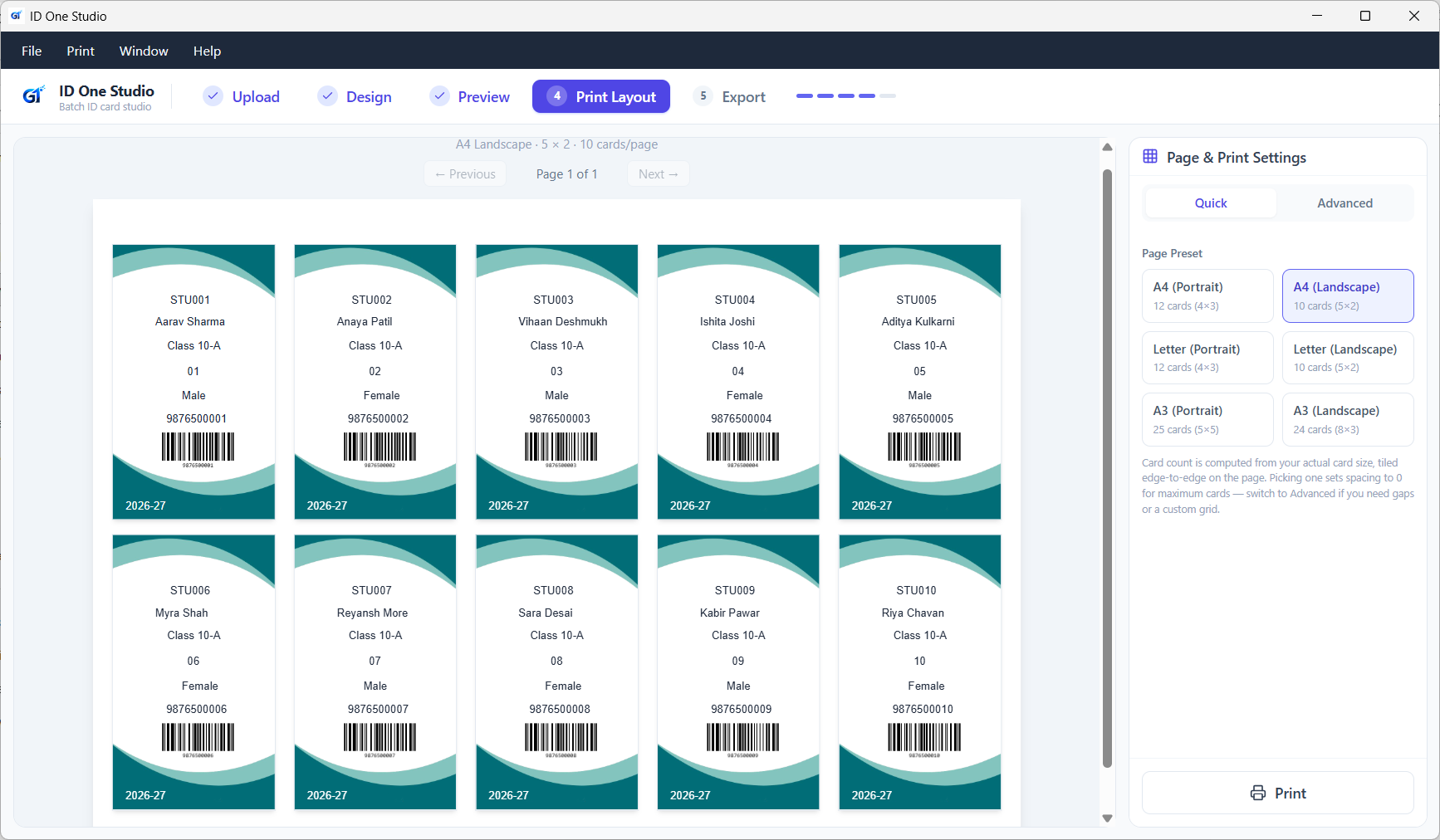 Ten ID cards tiled on an A4 landscape print layout